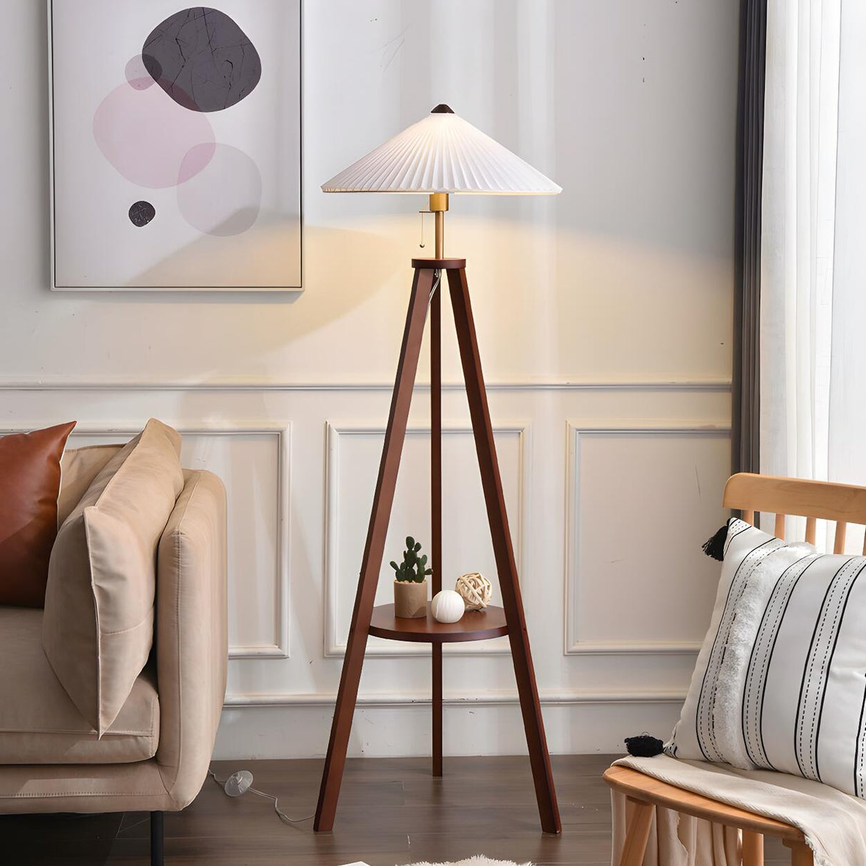 Pleated Cone Wooden Tripod Floor Lamp with Shelf Image - 1