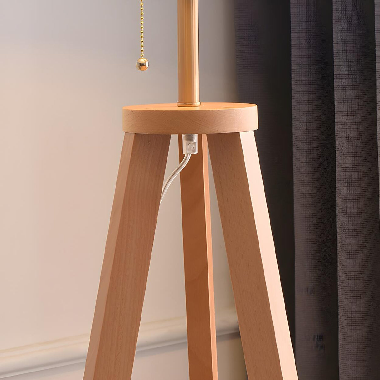 Pleated Cone Wooden Tripod Floor Lamp with Shelf Image - 12