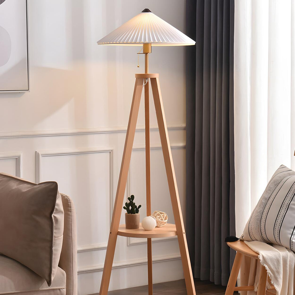 Pleated Cone Wooden Tripod Floor Lamp with Shelf Image - 13