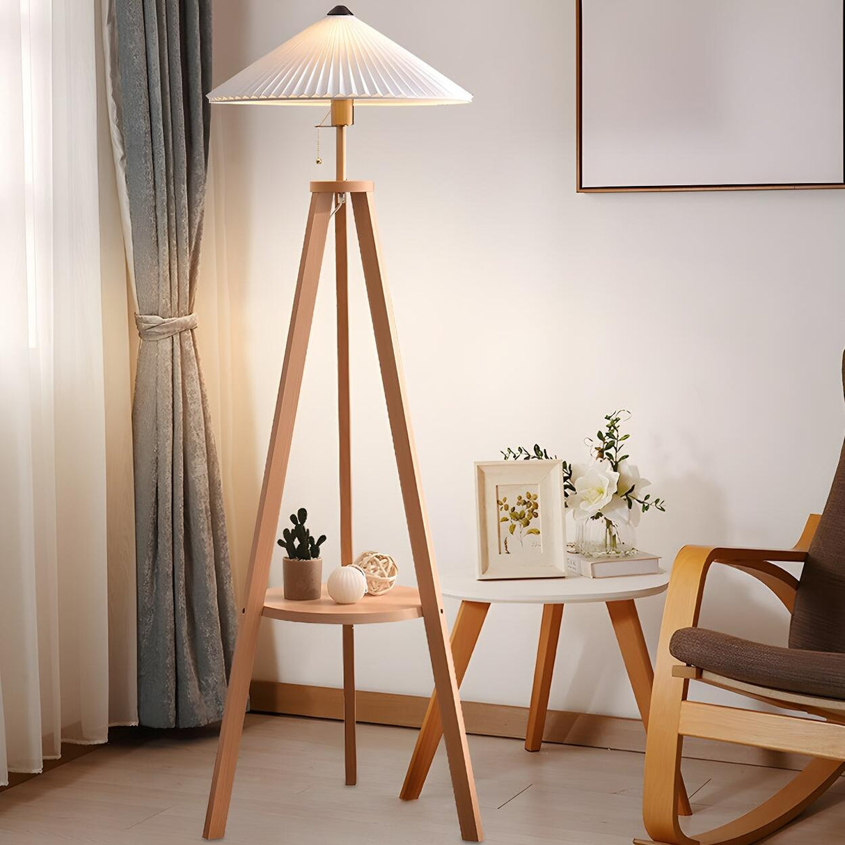 Pleated Cone Wooden Tripod Floor Lamp with Shelf Image - 14