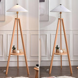 Pleated Cone Wooden Tripod Floor Lamp with Shelf Image - 15