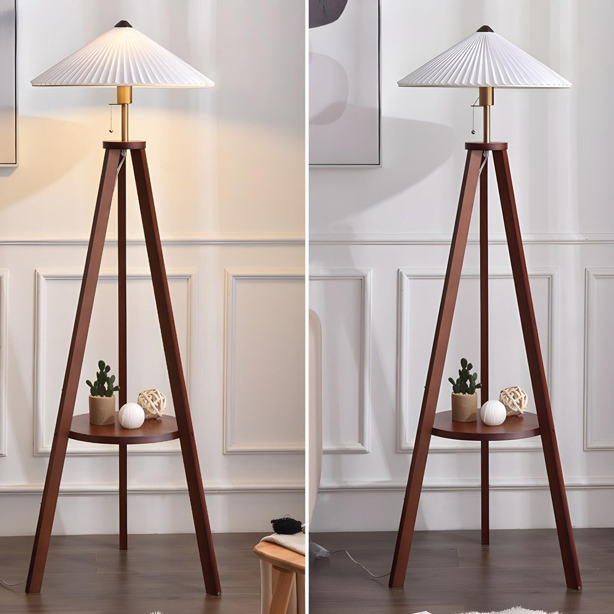 Pleated Cone Wooden Tripod Floor Lamp with Shelf Image - 16