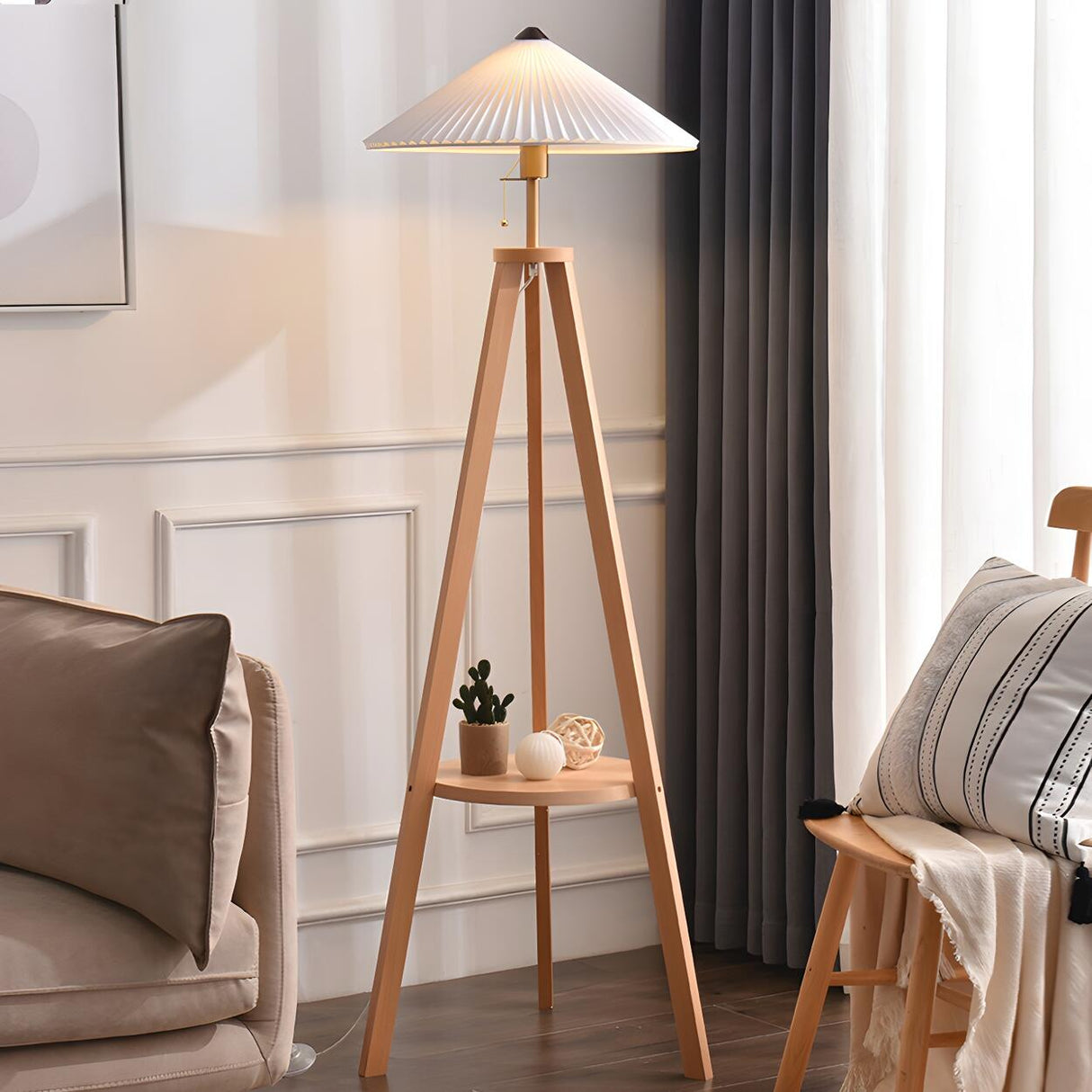 Pleated Cone Wooden Tripod Floor Lamp with Shelf Image - 3