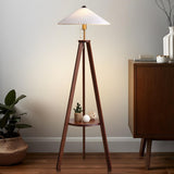 Pleated Cone Wooden Tripod Floor Lamp with Shelf Image - 4