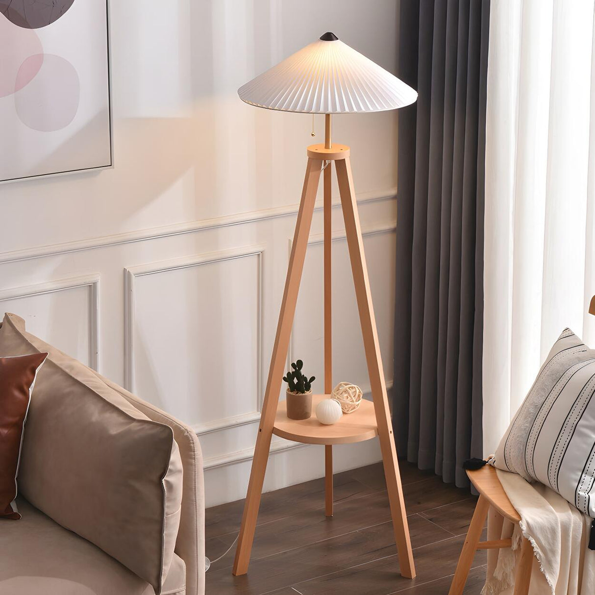 Pleated Cone Wooden Tripod Floor Lamp with Shelf Image - 6