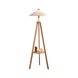 Pleated Cone Wooden Tripod Floor Lamp with Shelf Image - 7