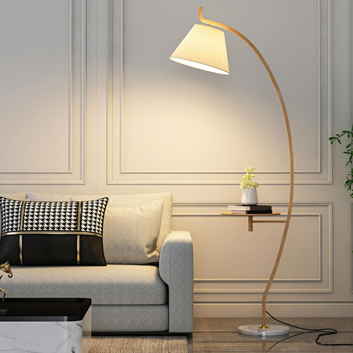 Pleated Elegant Curved Metal Floor Lamp with Shelf Image - 1