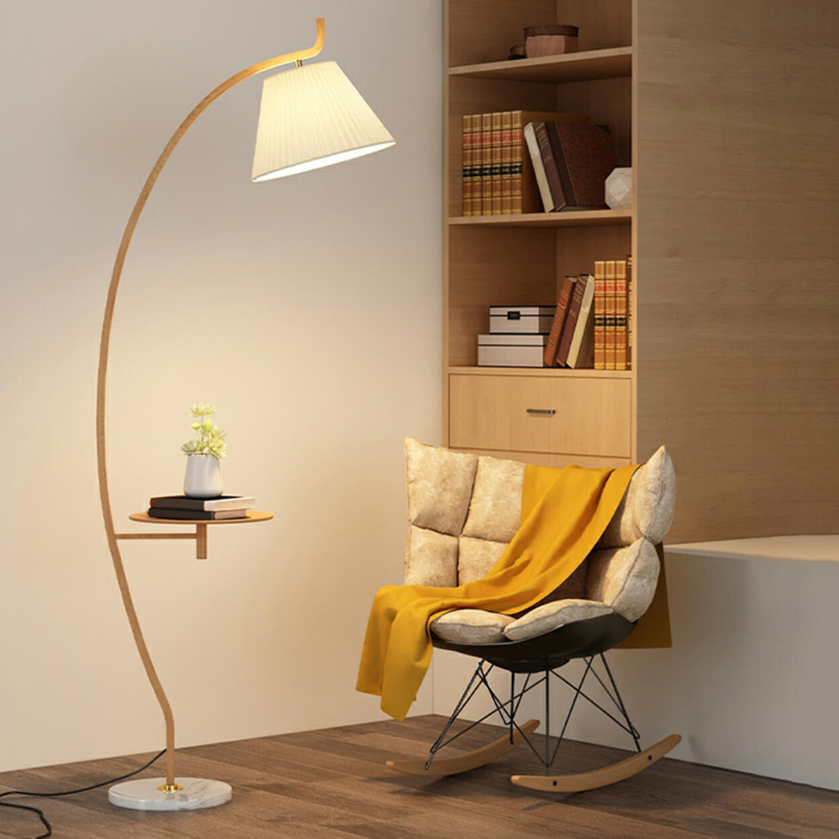 Pleated Elegant Curved Metal Floor Lamp with Shelf Image - 3