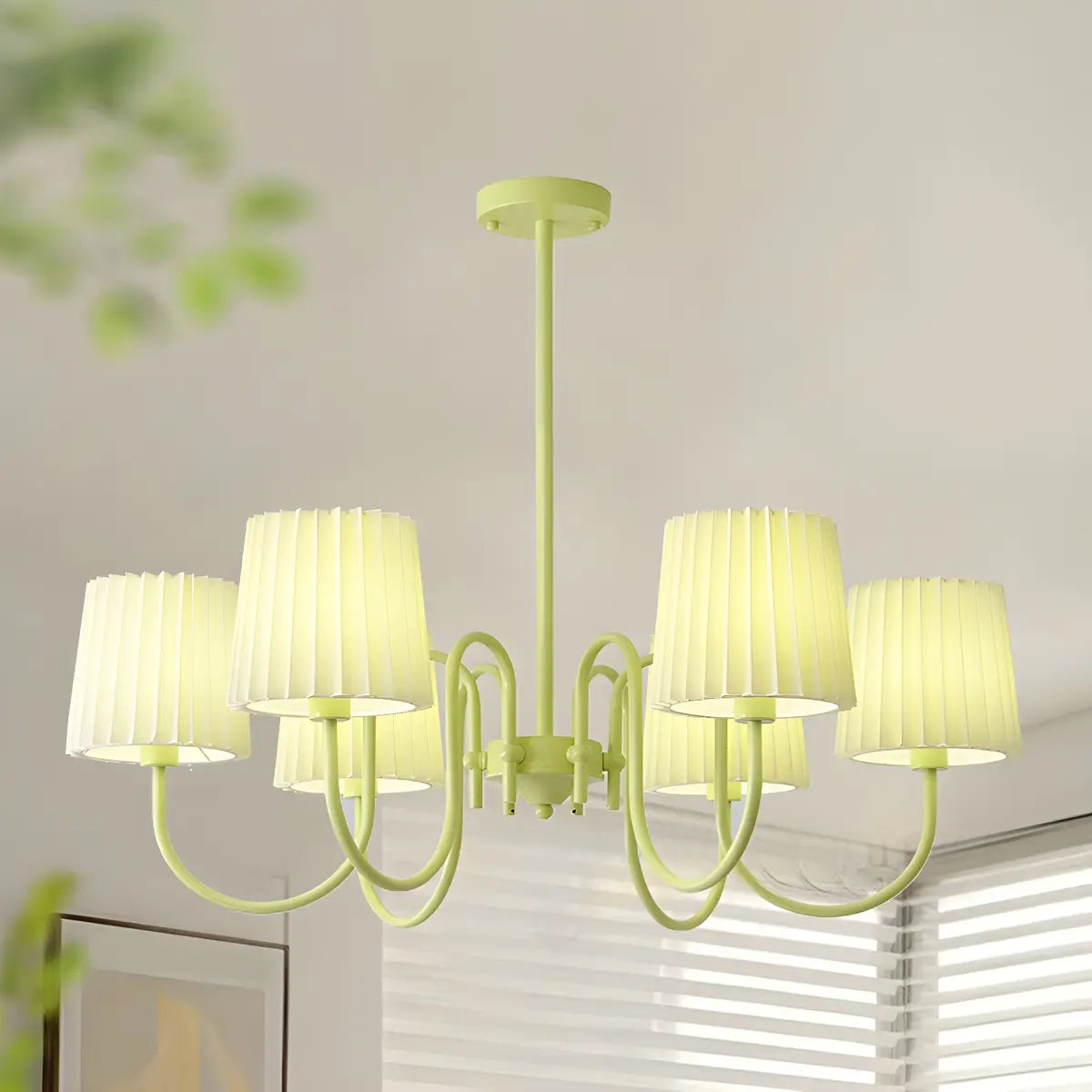 Pleated Green Curve Arm Metal Living Room Chandelier Image - 5