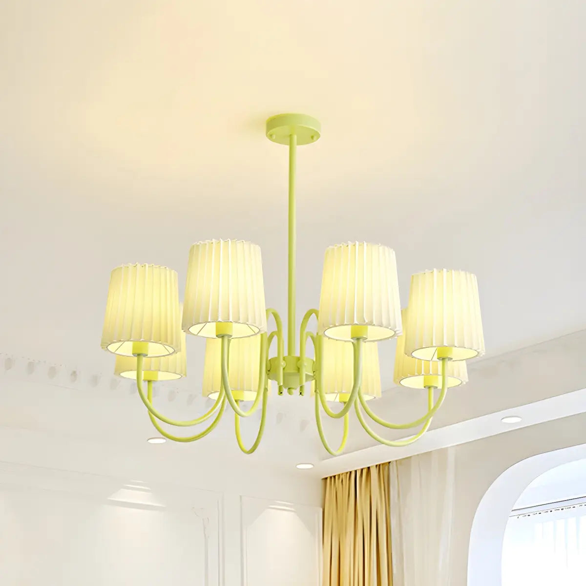 Pleated Green Curve Arm Metal Living Room Chandelier Image - 7