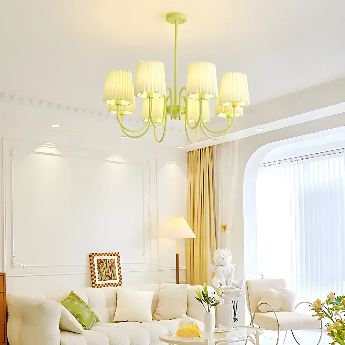 Pleated Green Curve Arm Metal Living Room Chandelier Image - 8