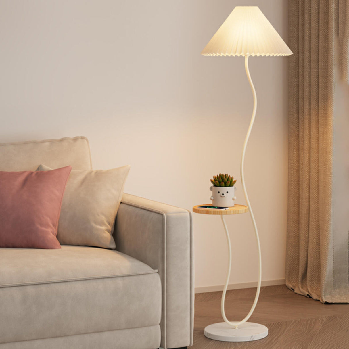 Pleated Shade Curved Stand and Side Table Floor Lamp Image - 6