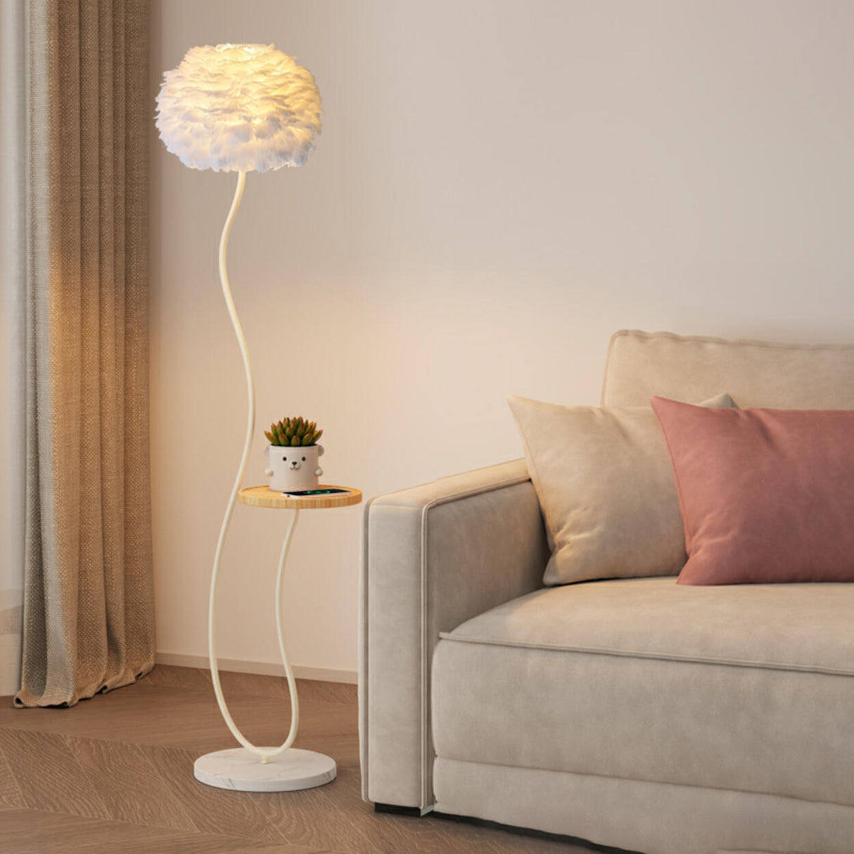 Pleated Shade Curved Stand and Side Table Floor Lamp Image - 7