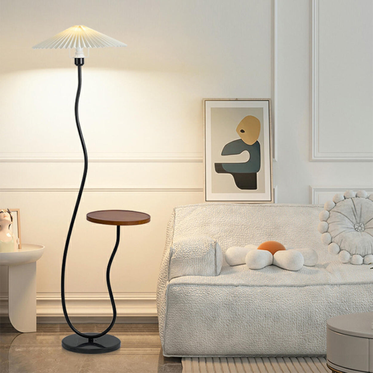 Pleated Shade Modern Black Floor Lamp with Side Table Image - 1