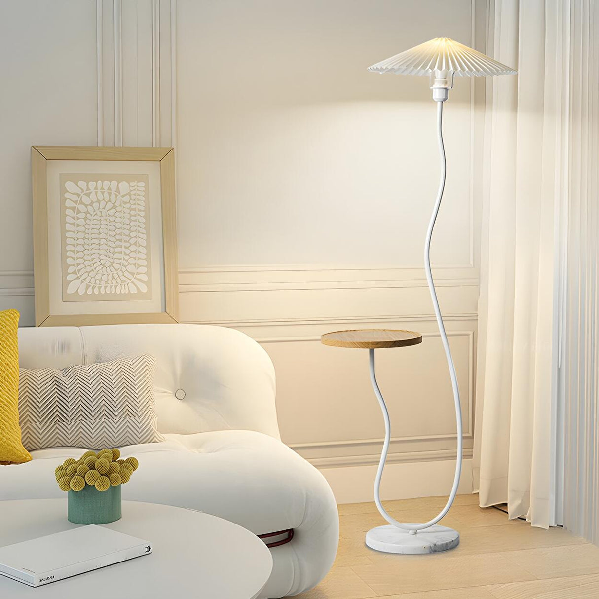 Pleated Shade Modern Black Floor Lamp with Side Table Image - 3