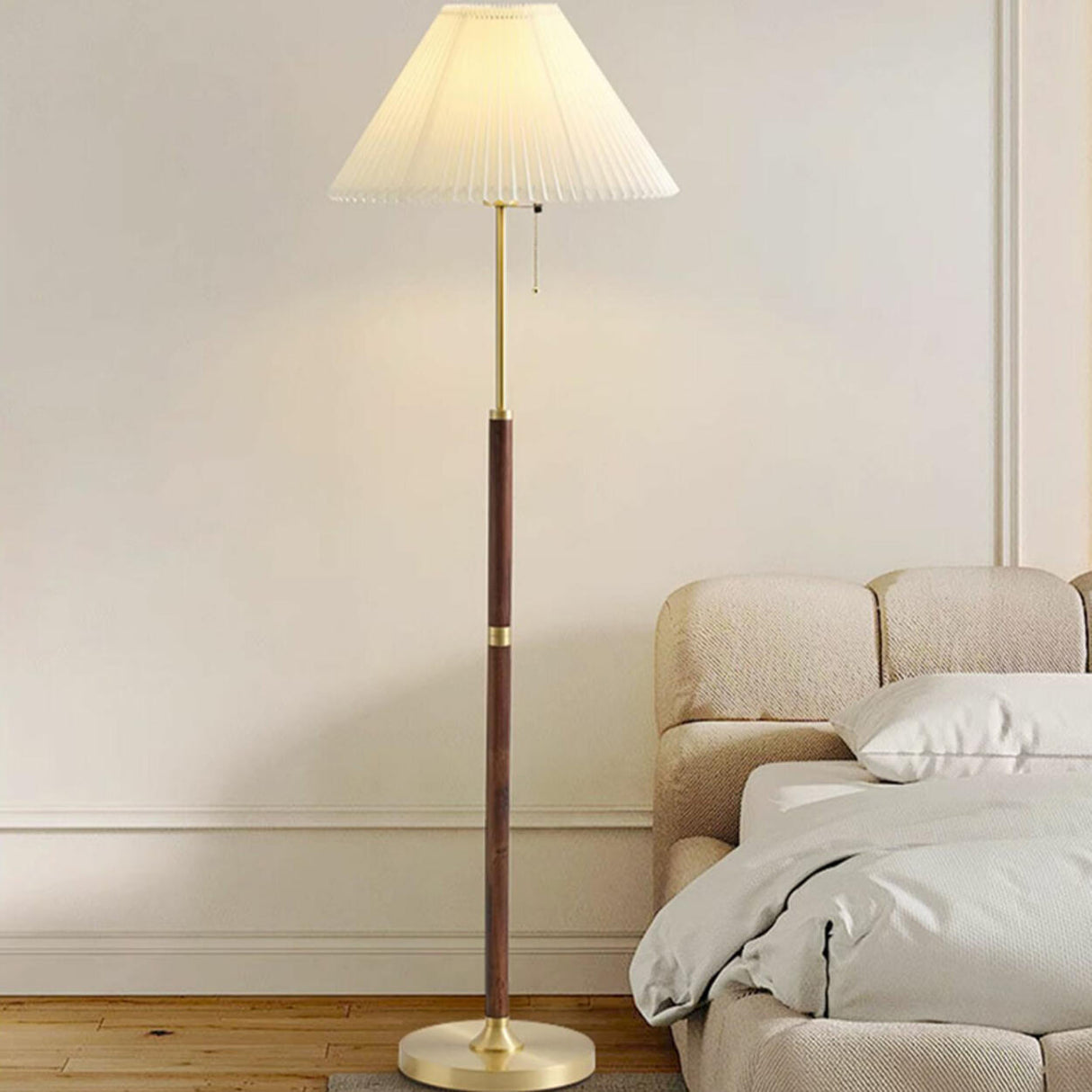 Pleated Shade Walnut Metal LED Modern Floor Lamp Image - 1