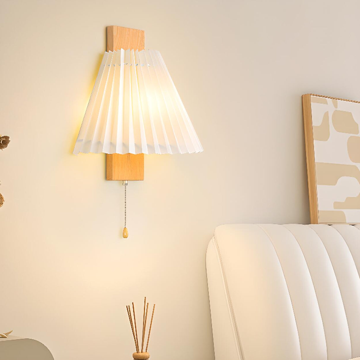 Pleated Wood LED Metal Wall Sconce with Pull Chain Image - 4