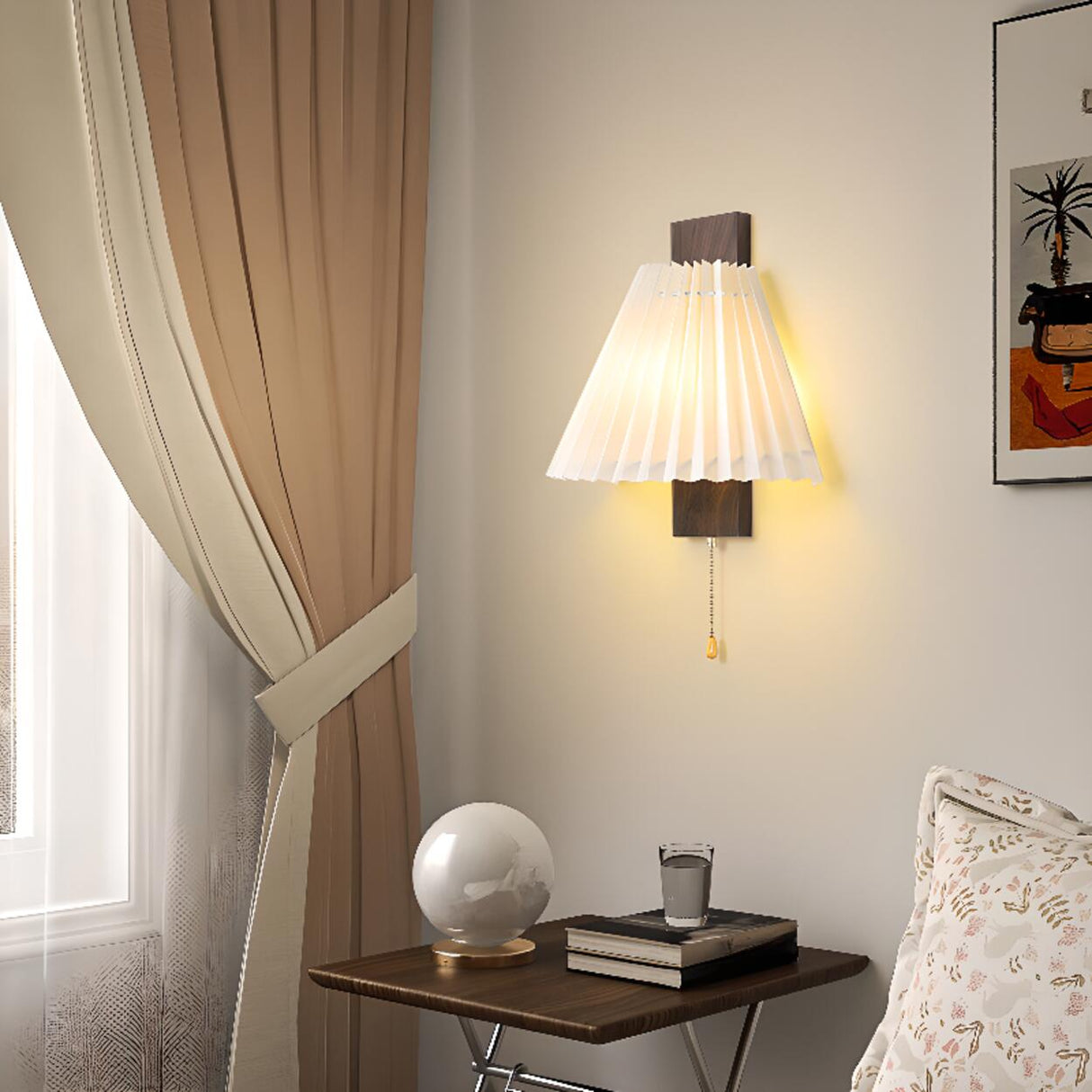 Pleated Wood LED Metal Wall Sconce with Pull Chain Image - 5