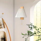 Pleated Wood LED Metal Wall Sconce with Pull Chain Image - 6