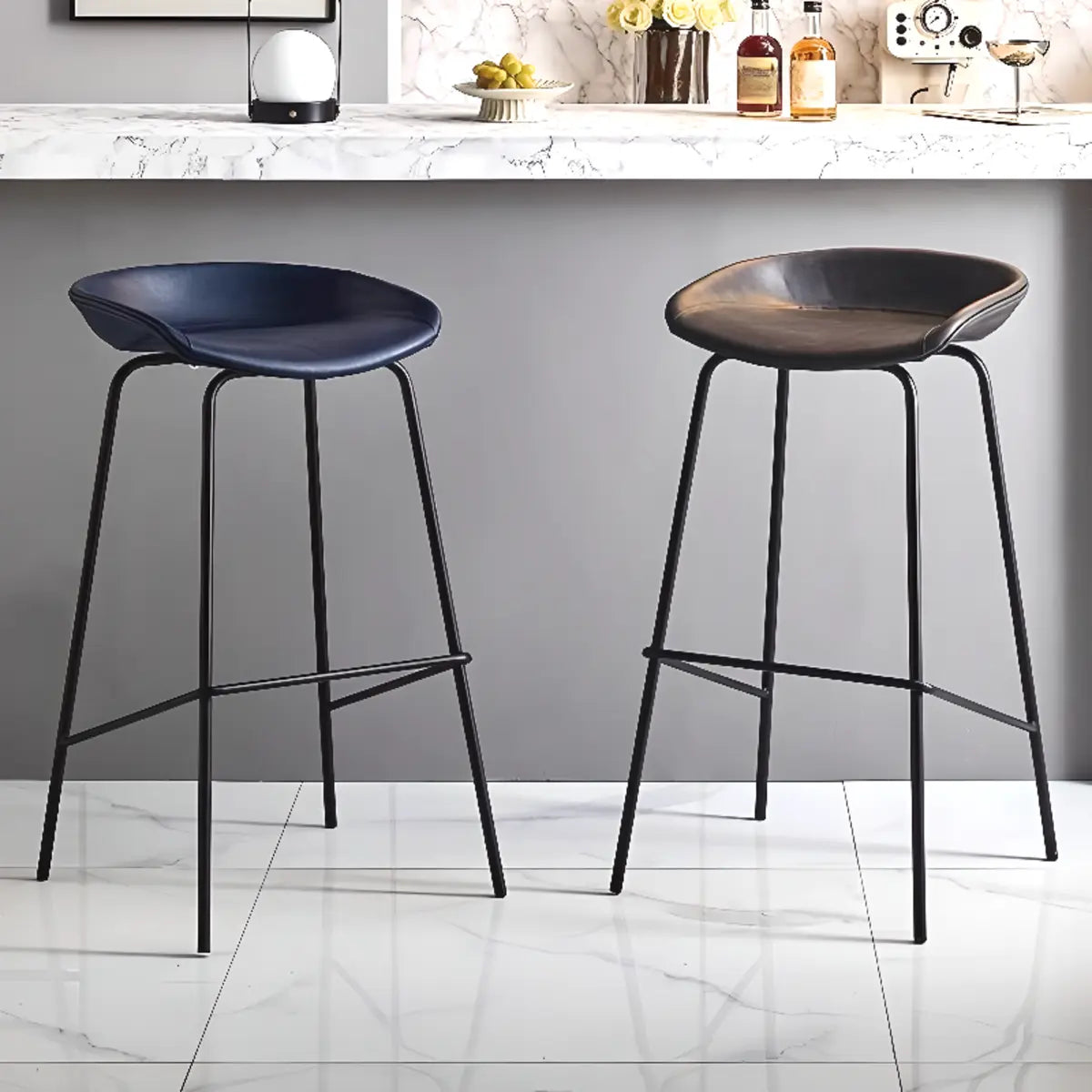 Pleather Bucket Metal Four Legs Footrest Bar Stools Image - 1