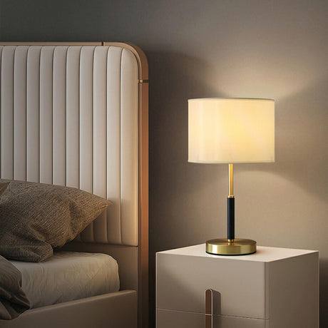 Plug-in Gold Barrel Fabric Shade Bedside Table Lamp Image - 1