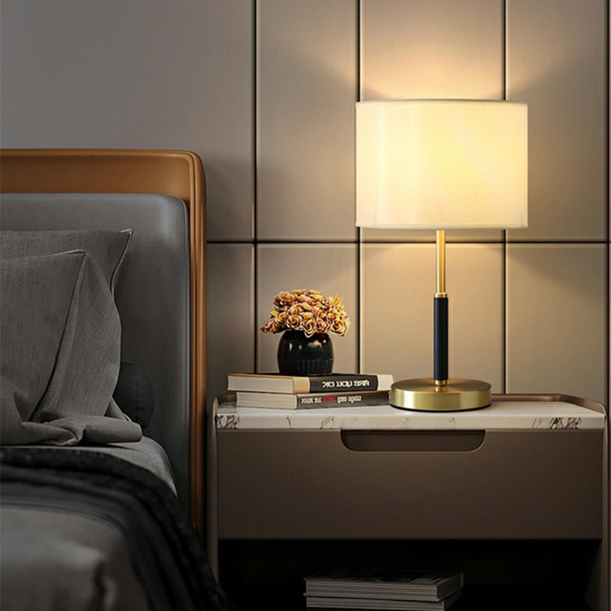 Plug-in Gold Barrel Fabric Shade Bedside Table Lamp Image - 2