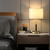 Plug-in Gold Barrel Fabric Shade Bedside Table Lamp Image - 2