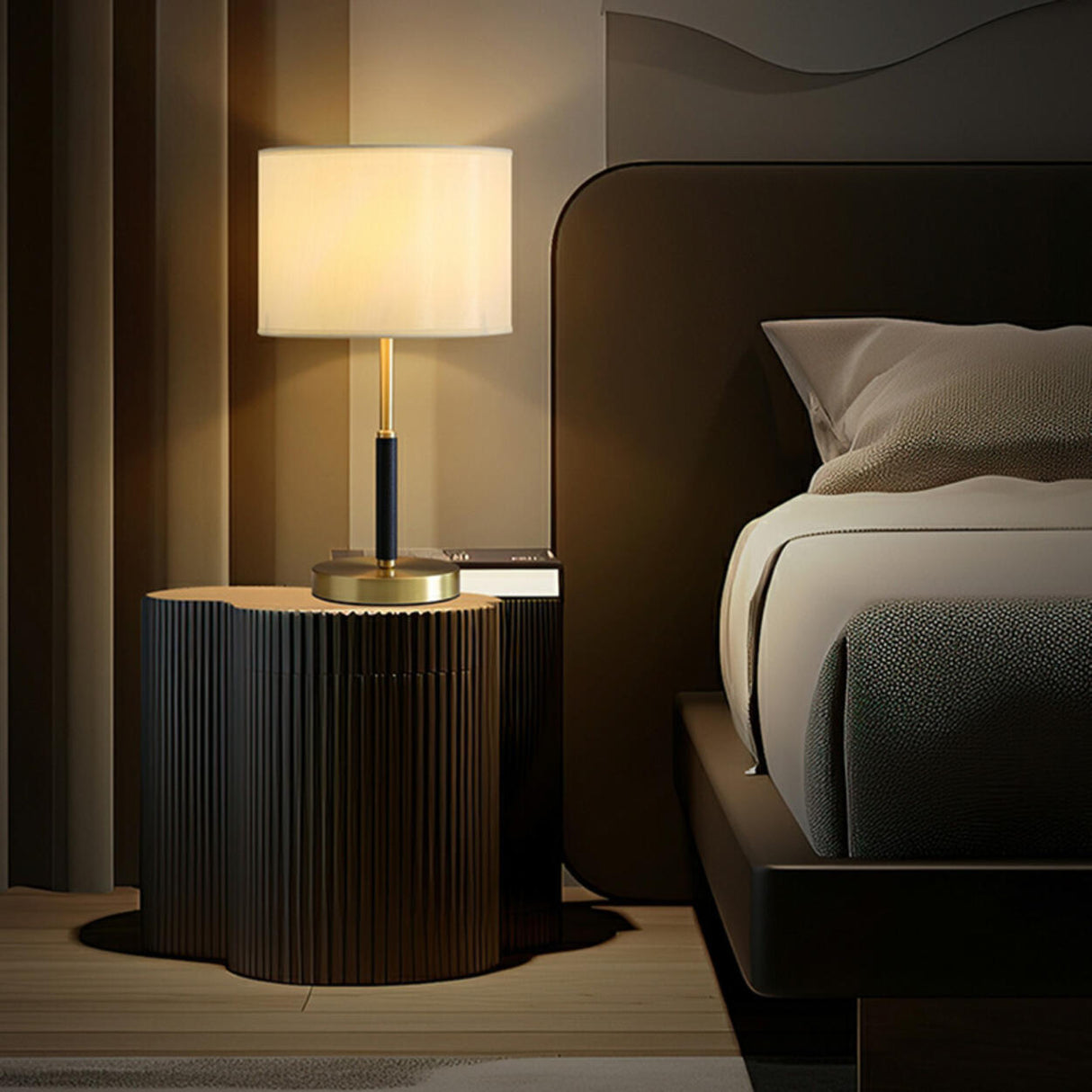 Plug-in Gold Barrel Fabric Shade Bedside Table Lamp Image - 4