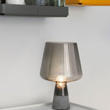 Plug-In Gray Glass Shade Geometric Stone Table Lamp Image - 3