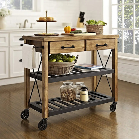 Portable Rectangular Brown Wood Kitchen Cart with Shelves Image - 1