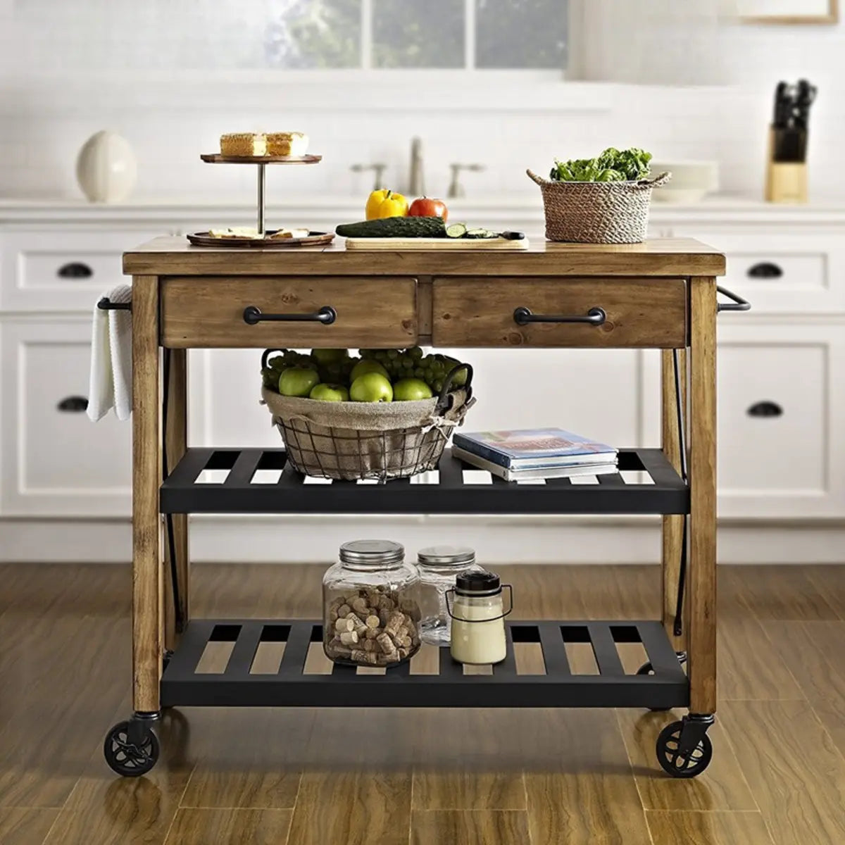 Portable Rectangular Brown Wood Kitchen Cart with Shelves Image - 2