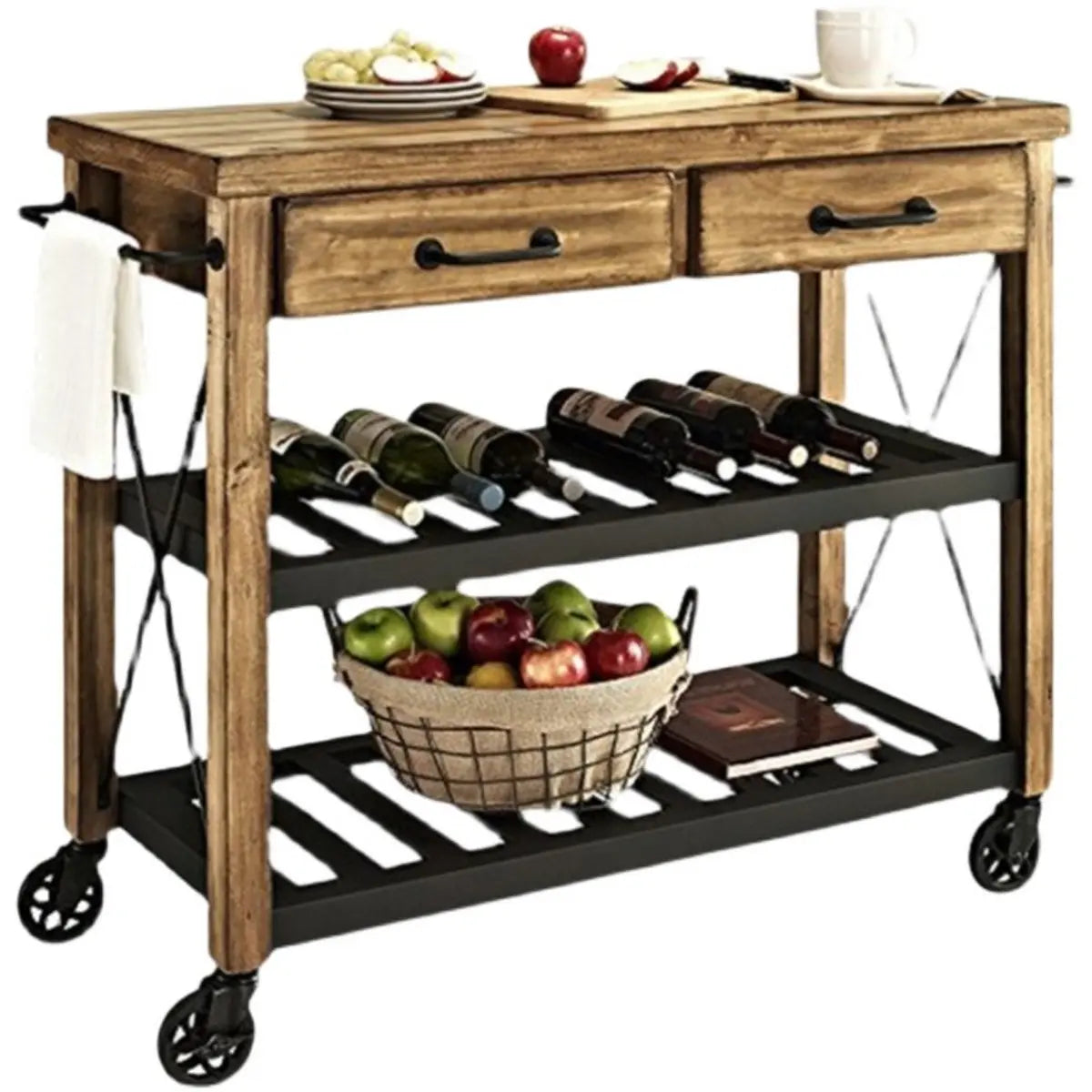 Portable Rectangular Brown Wood Kitchen Cart with Shelves Image - 3