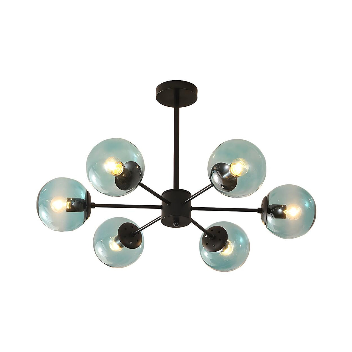 Post Modern 6-Light Amber Glass Globes Black Chandelier Image - 10