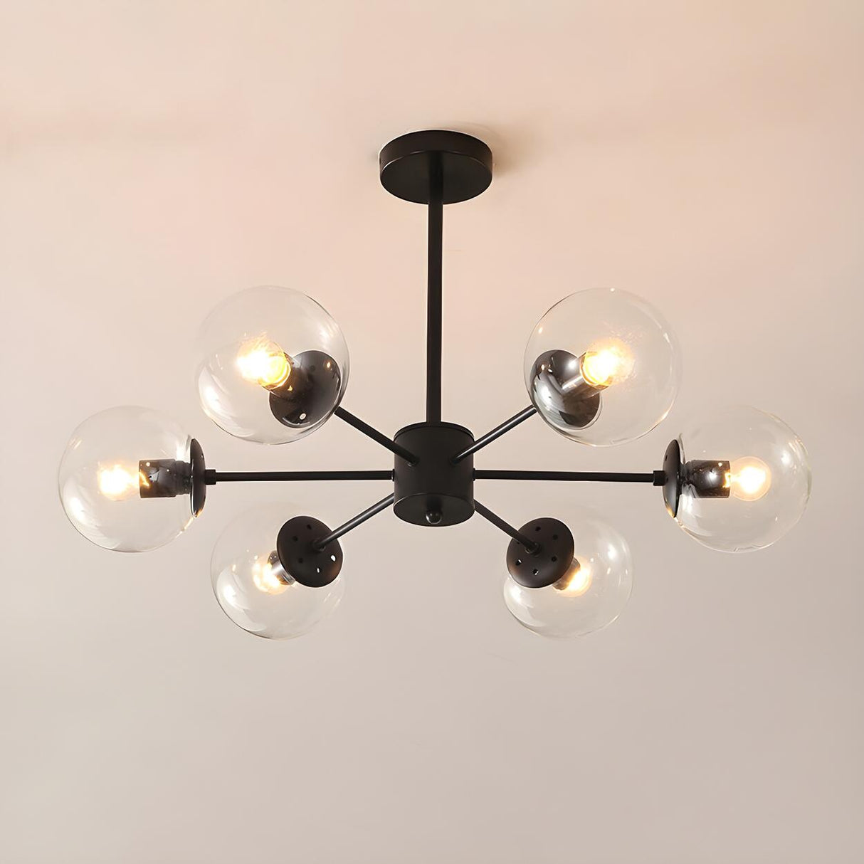 Post Modern 6-Light Amber Glass Globes Black Chandelier Image - 12