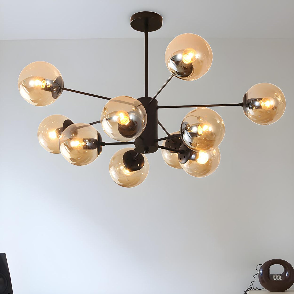 Post Modern 6-Light Amber Glass Globes Black Chandelier Image - 15