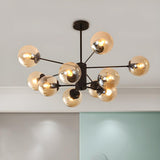 Post Modern 6-Light Amber Glass Globes Black Chandelier Image - 16