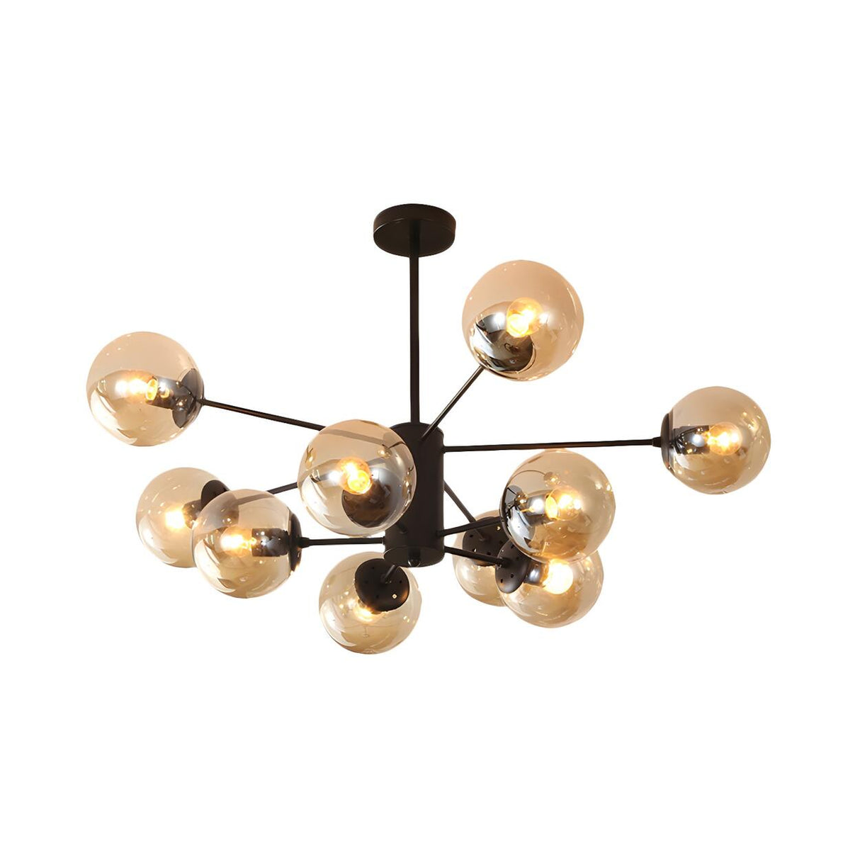 Post Modern 6-Light Amber Glass Globes Black Chandelier Image - 17