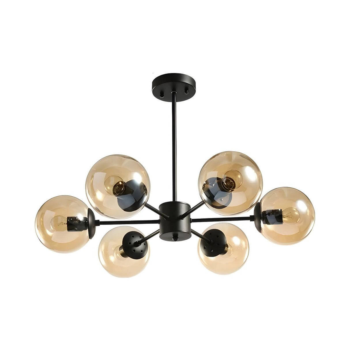 Post Modern 6-Light Amber Glass Globes Black Chandelier Image - 2