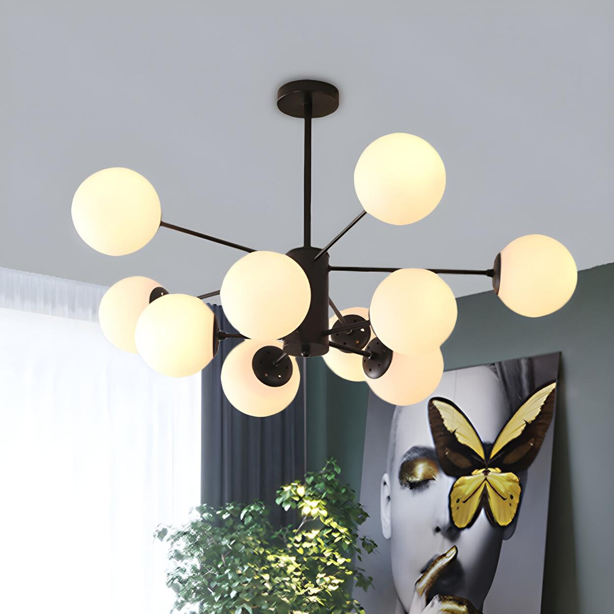 Post Modern 6-Light Amber Glass Globes Black Chandelier Image - 21