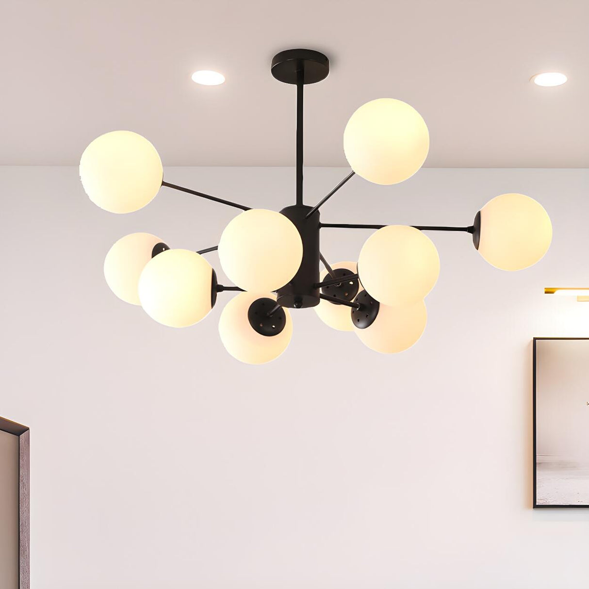 Post Modern 6-Light Amber Glass Globes Black Chandelier Image - 22