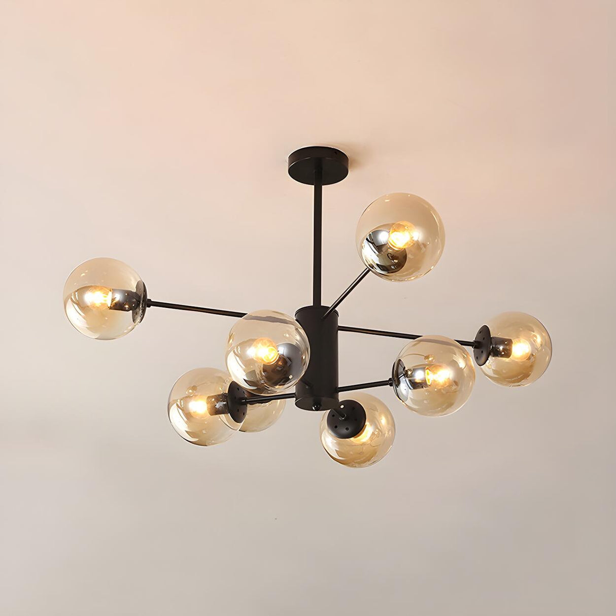 Post Modern 6-Light Amber Glass Globes Black Chandelier Image - 27