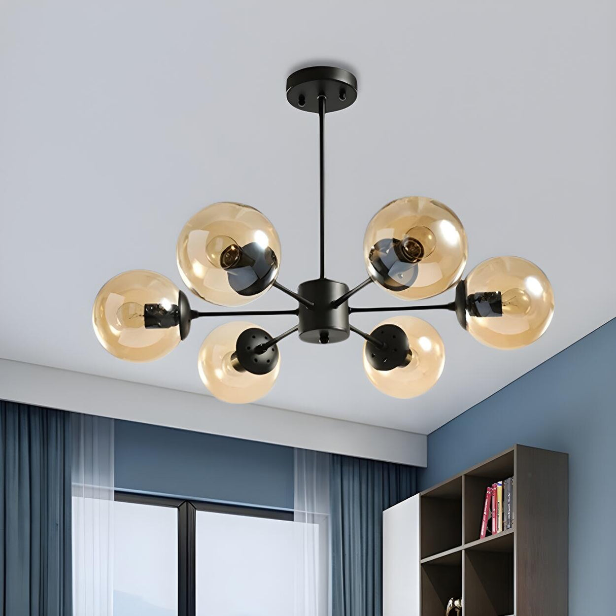 Post Modern 6-Light Amber Glass Globes Black Chandelier Image - 3