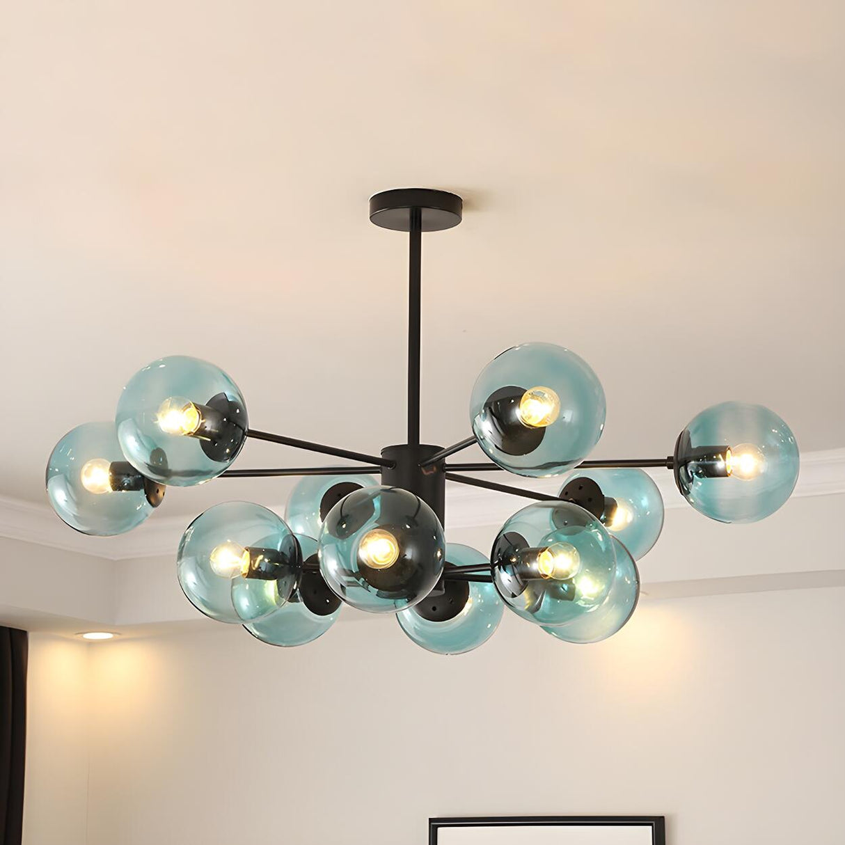 Post Modern 6-Light Amber Glass Globes Black Chandelier Image - 33