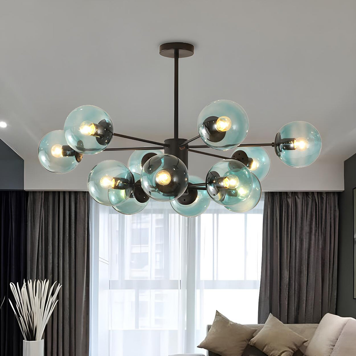 Post Modern 6-Light Amber Glass Globes Black Chandelier Image - 34