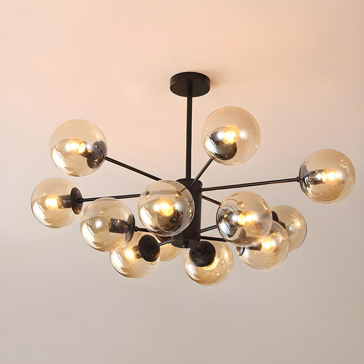 Post Modern 6-Light Amber Glass Globes Black Chandelier Image - 39