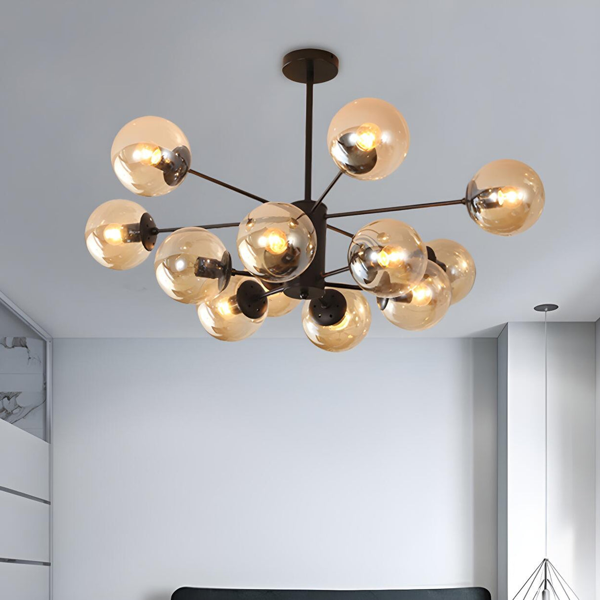 Post Modern 6-Light Amber Glass Globes Black Chandelier Image - 40