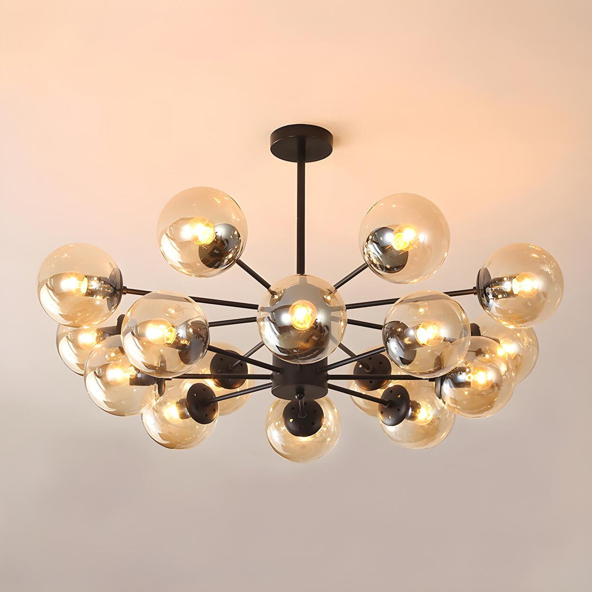 Post Modern 6-Light Amber Glass Globes Black Chandelier Image - 45