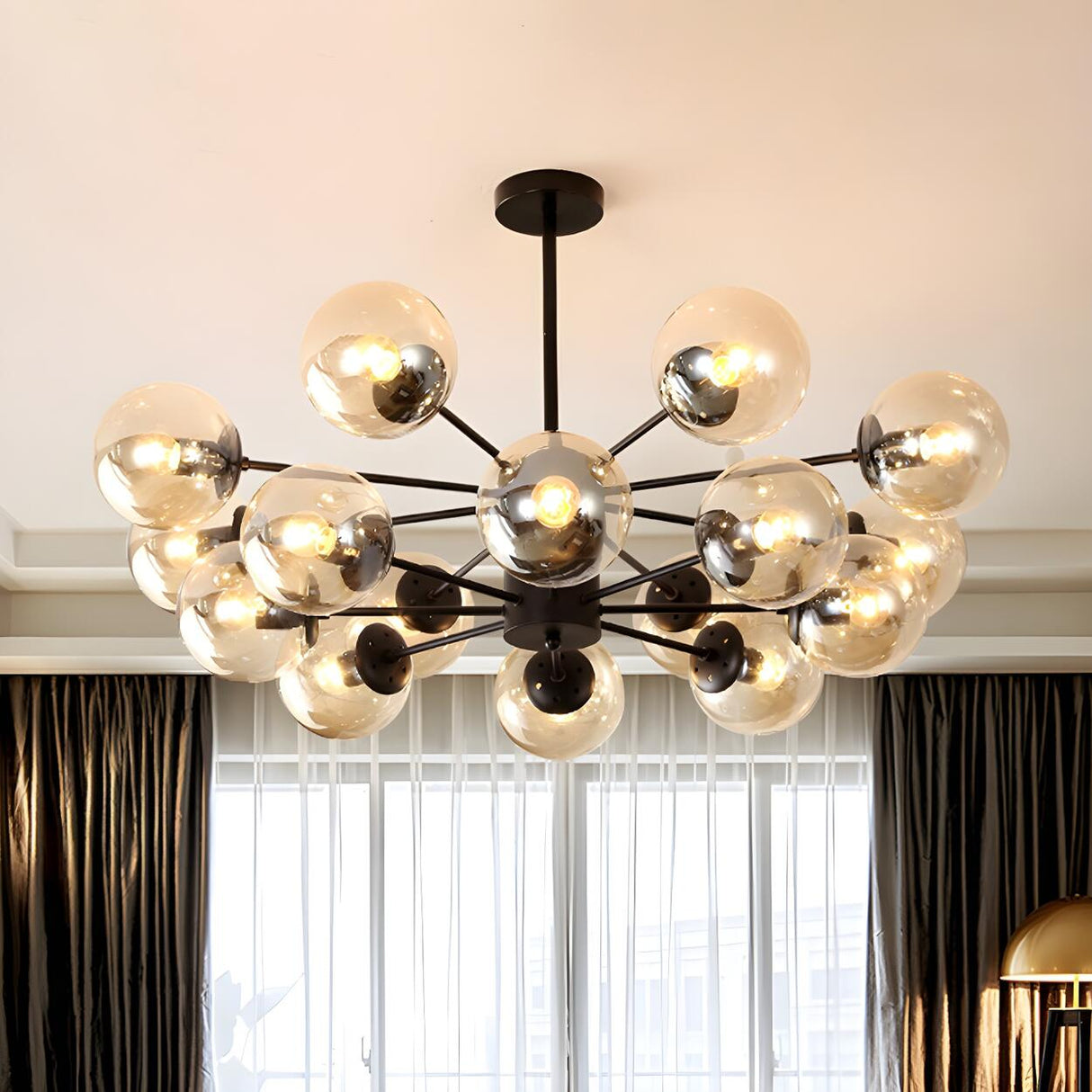 Post Modern 6-Light Amber Glass Globes Black Chandelier Image - 46