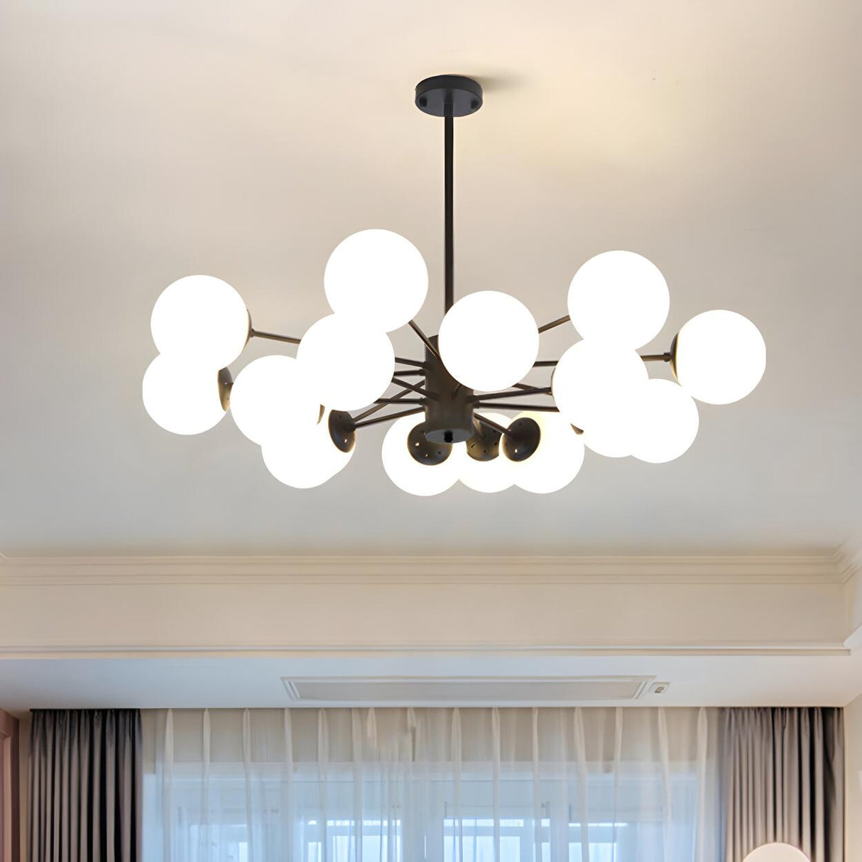 Post Modern 6-Light Amber Glass Globes Black Chandelier Image - 49