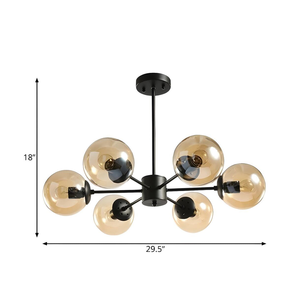 Post Modern 6-Light Amber Glass Globes Black Chandelier 